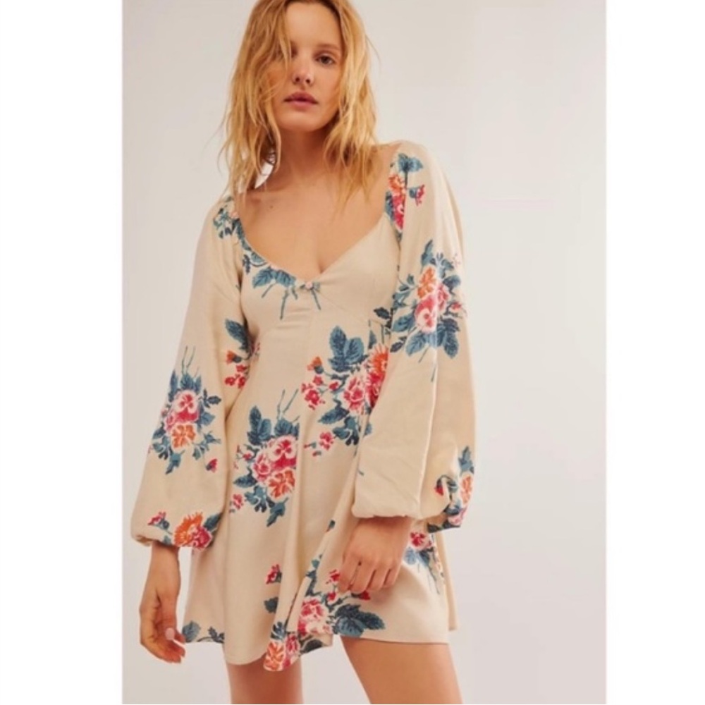NWOT Free People Francesca Floral Print Long Sleeve Minidress Warm Ivory Combo